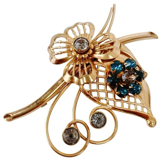 VTG Signed Harry Iskin 12K GF Blue Rhinestone Floral Brooch Mid Century 1950s - Picture 1 of 11